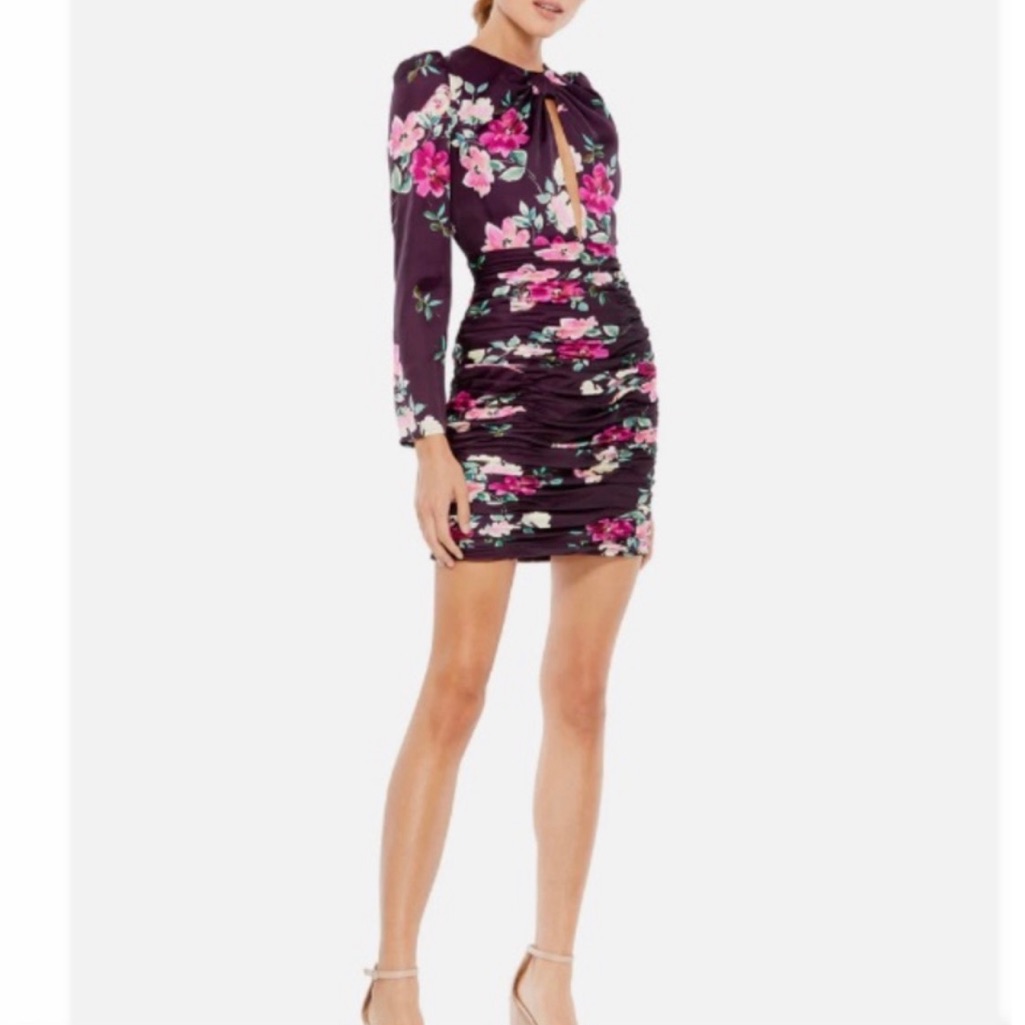 Ieena Mac Duggal Purple Floral Bow Neck Mini Cocktail Dress, Xs